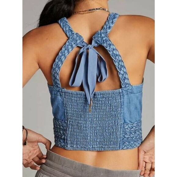 NWT Pilcro Anthropologie Embroidered Denim Cropped Top Womens Medium Floral - Picture 6 of 12